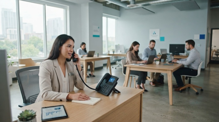 A small-business office: a woman taking a call on a desk phone at reception while colleagues work at shared desks behind her.