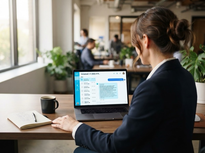 A woman at a laptop in an open-plan office reading a voicemail message as text rather than playing the audio.