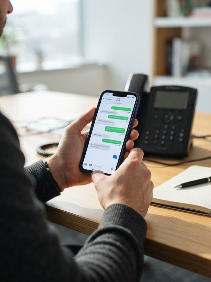 Someone at a desk reading a text conversation on a cell phone phone, with a desk phone beside them.