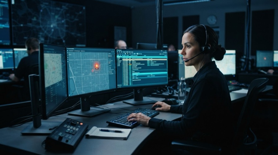 An emergency dispatch center: a call-taker wearing a headset at a desk of screens showing a street map with an incident marked.