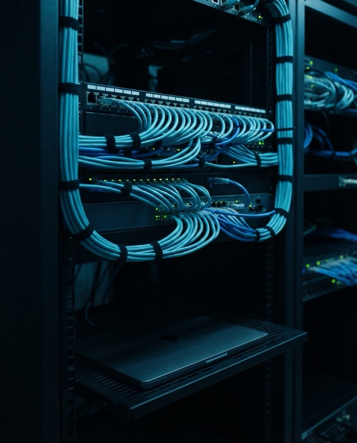 A server rack with neatly bundled network cabling lit in blue, patch panels and switch port lights visible.