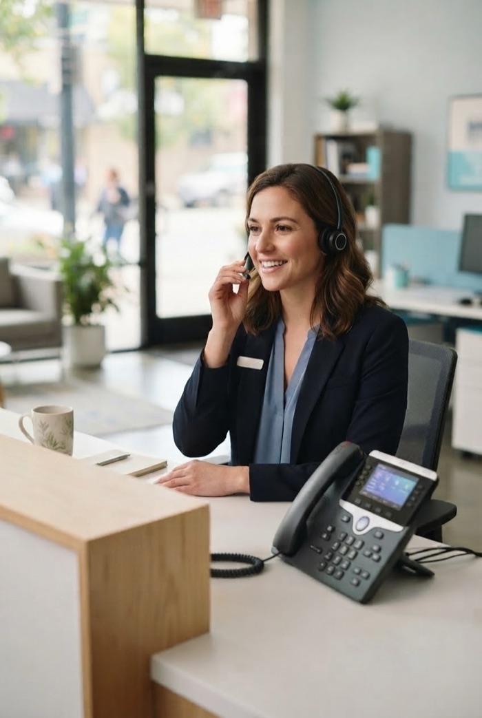 A receptionist wearing a headset at a front desk, taking a call, with a desk phone in front of her.