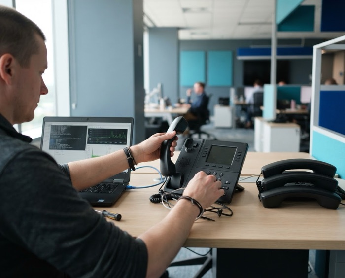 A technician setting up desk phones at a workbench: a laptop showing logs beside a handset being configured, with more handsets waiting.