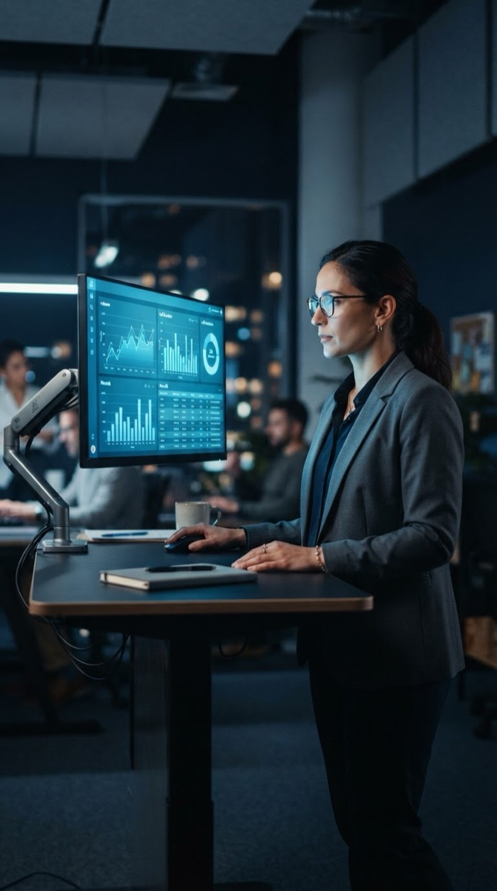A manager at a standing desk studying a dashboard of call charts and a table of records on a large monitor.