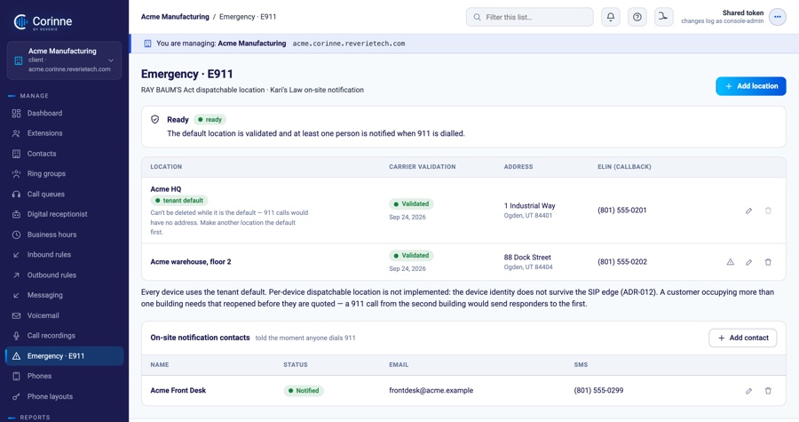 The Corinne console's emergency page, listing two validated locations with their street addresses and callback numbers, and the on-site contact notified when 911 is dialed.