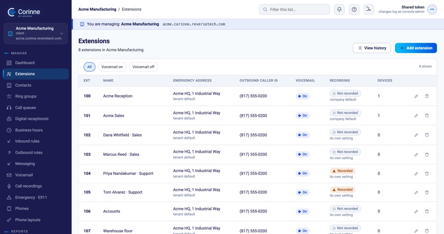 The Corinne admin console showing eight extensions for a company, each with its emergency address, outbound caller ID, voicemail state and recording policy.